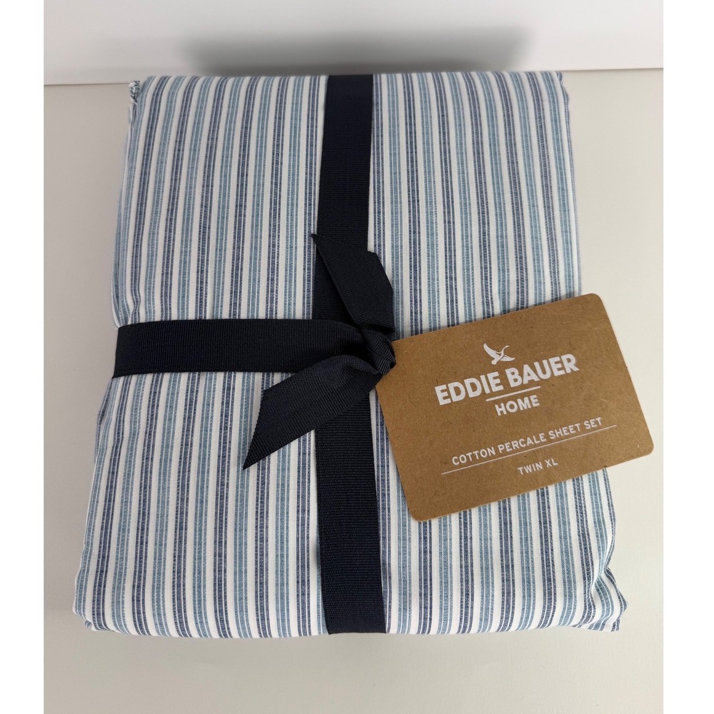 Eddie Bauer Home Twin XL Sheet Set Cotton Percale Navy Blue Ticking Stripe T200
